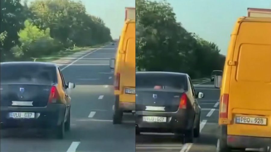 O Dacia Logan, filmată în timpul unei depășiri periculoase