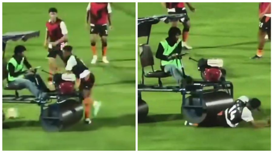Momentul în care un fotbalist este călcat de un cilindru compactor, chiar pe teren