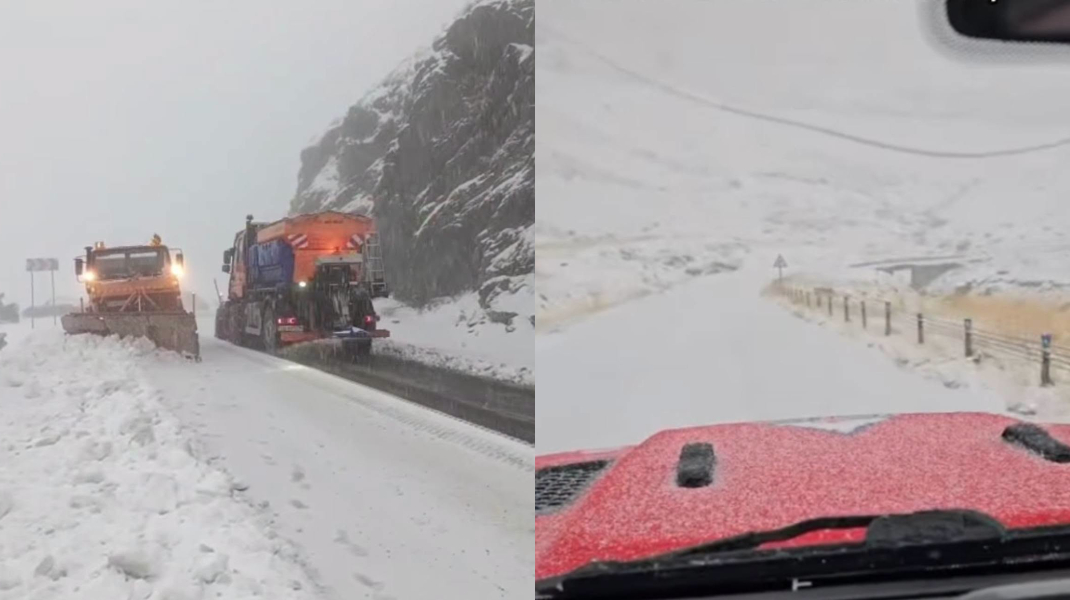 VIDEO Ninsoare abundentă pe Transfăgărășan: S-a intervenit cu 5 tone de sare pentru deszăpezire