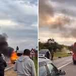 VIDEO Accident violent lângă Bălți: Patru autovehicule s-au tamponat, iar două au luat foc
