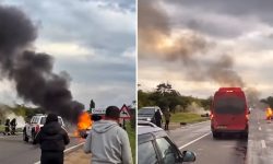 VIDEO Accident violent lângă Bălți: Patru autovehicule s-au tamponat, iar două au luat foc