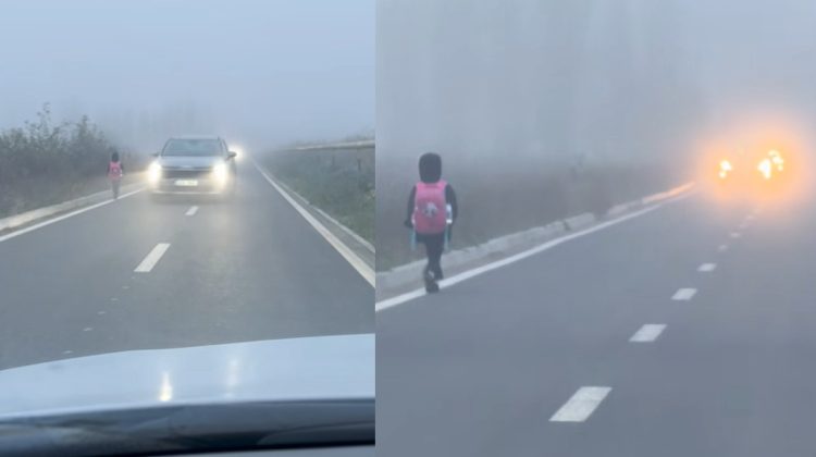 Pericol pe un drum îngust din Ialoveni! Un copil, filmat cum merge pe lângă mașini