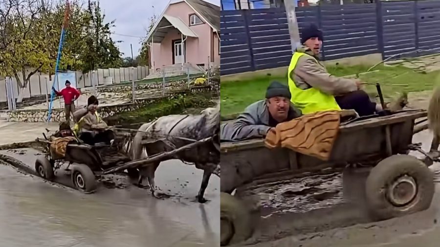 Nepăsare la Cărpineni. Video cu doi bărbați care au intrat cu căruța pe un drum abia turnat