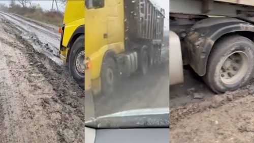 VIDEO Drumul spre Tocuz, o provocare pentru șoferi. Camioane blocate în noroi