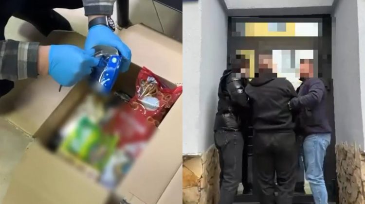 VIDEO Un colet cu dulciuri și biscuiți ascundea droguri de un milion de lei. Un suspect, reținut