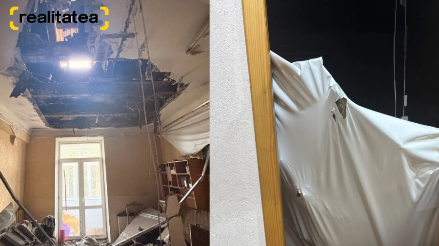 VIDEO dezolant din centrul Capitalei. Tavanul  s-a prăbușit peste canapea, într-un apartament